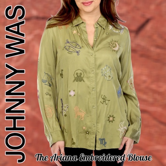 Johnny Was Pistachio Green Embroidered Silk/Rayon Button-Back Blouse Nwt/Sm
